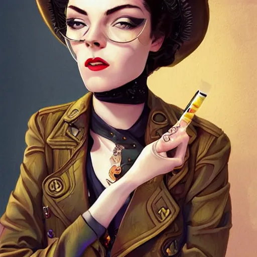 Prompt: a beautiful woman with a cigarette as a steampunk bandit, pixar cute, highly detailed, sharp focus, digital painting, art by martine johanna + joe jusko