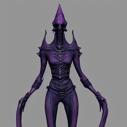 Image similar to photo of a cenobite lich illithid drow dark elf sorceror necromancer leather rendered in zbrush