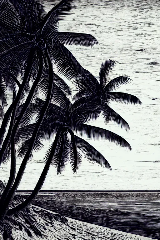 Image similar to a beautiful wood engraving on paper of a beach with coconut palms 8 k, frostbite 3 engine, cryengine, dof, trending on artstation, digital art, crepuscular ray