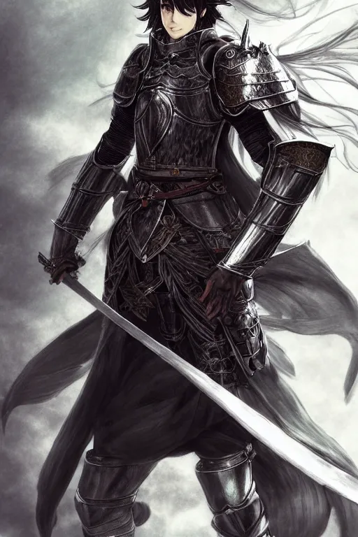 Image similar to A full body portrait of a male Knight of the Wind, long black hair, Akihiko Yoshida, concept art, very detailed, tone mapping, matte