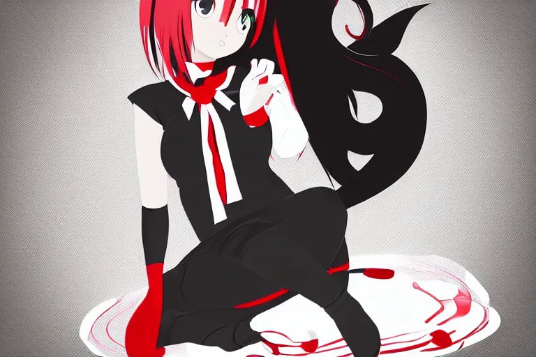 Image similar to a girl sitting vertically, wearing a black outfit with red trim, white background, soft shadow, vector shaded anime, very anime, detailed colors, digital art, 4 k