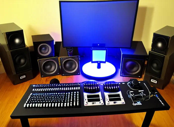 Prompt: moderator stance, sound filter, 6 monitors, pedals, drums, a gaming guitar, controller, 6 consoles, 1 0 computers, bunch of wires, soundpads, speakers, antena, satellite, dog, dog cam, cat cam, cat tree cat this