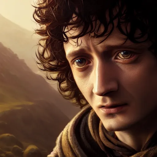 Prompt: selfie of frodo, fine detailed face, long curly hair, stunning 3 d render inspired art by greg rutkowski and xiang duan and thomas eakes, realistic, highly detailed attributes and atmosphere, dim volumetric cinematic lighting, 8 k octane detailed render, post - processing, masterpiece