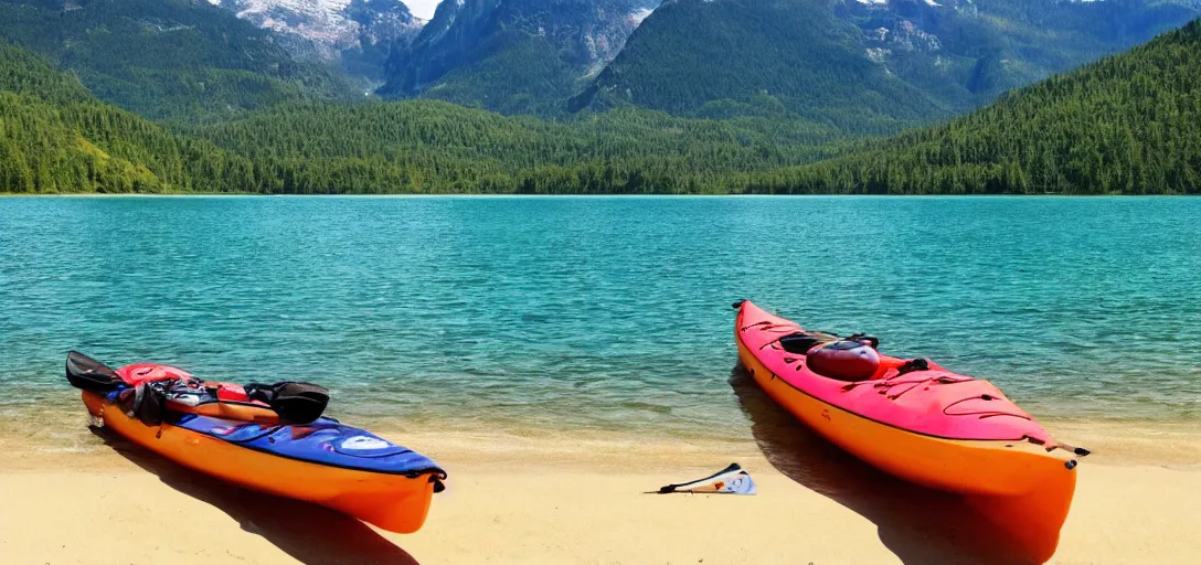 Image similar to a beautiful image of a breathtaking lake with amazing mountains in the background, there is a kayak in the foreground on the beach. landscape image