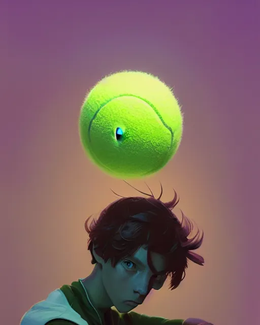 Image similar to highly detailed vfx portrait of a character of a tennis ball monster stephen bliss, unrealengine, greg rutkowski, loish, rhads, beeple, makoto shinkai and lois van baarle, ilya kuvshinov, rossdraws, tom bagshaw,