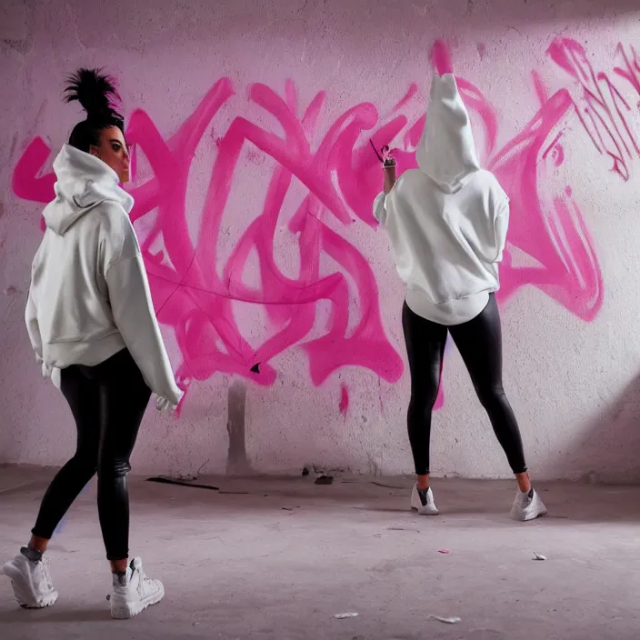 Image similar to kim kardashian doing graffiti mural in a derelict room, dust mist, rear-shot, pov from behind, very skin tight white leggings with a pink hoody with hood up, mold, intricate, epic lighting, cinematic composition, hyper realistic, 8k resolution, unreal engine 5