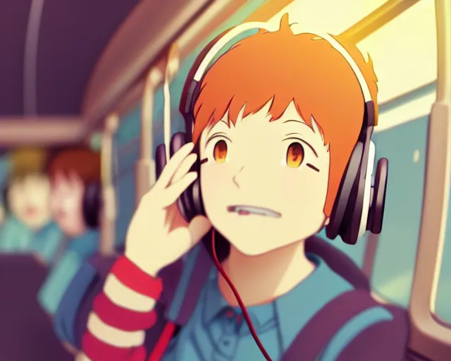 Image similar to anime fine details portrait of joyful girl in headphones in school bus, bokeh. anime masterpiece by Studio Ghibli. 8k render, sharp high quality anime illustration in style of Ghibli, artstation