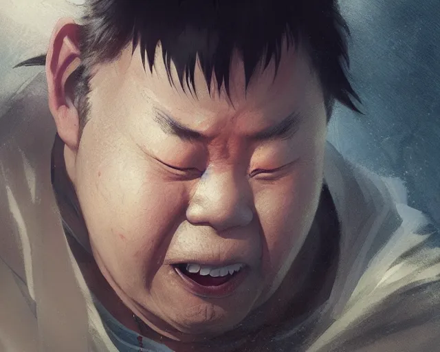 Prompt: a 50 year old brunnete chinese man with puffy cheeks bursting in tears on the floor, horror scene, dramatic, close up shot, anime art, Greg Rutkowski, studio ghibli, dramatic lighting