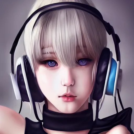 Image similar to realistic teasing detailed semirealism beautiful gorgeous cute Blackpink Lalisa Manoban white hair white cat ears blue eyes, wearing black camisole outfit, headphones, black leather choker full HD 4K high resolution quality WLOP, Aztodio, Taejune Kim, Guweiz, Pixiv, Instagram, Artstation