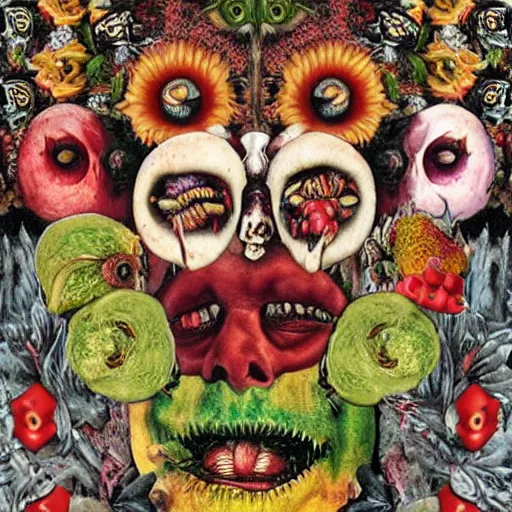 Image similar to punk album cover, blank horizontal banner on top, psychedelic, giuseppe arcimboldo