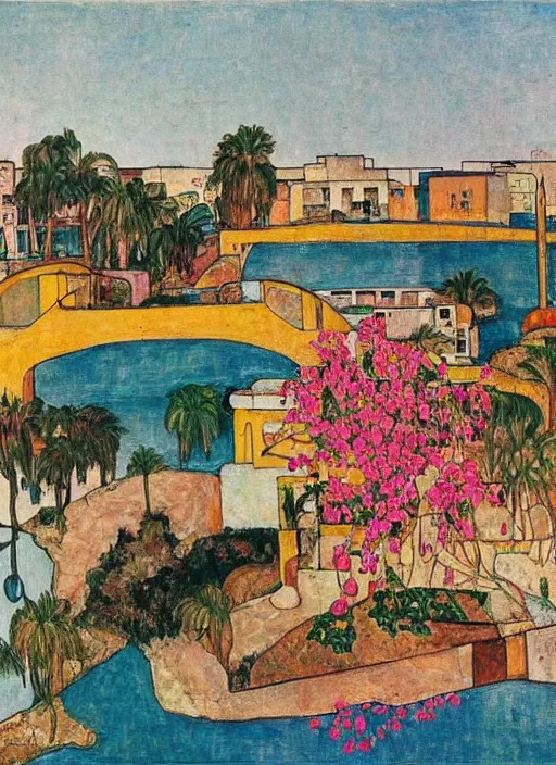 Image similar to ahwaz city in iran with a big modern arch bridge on local river, 3 boat in river, 2 number house near a lot of palm trees and bougainvillea, hot with shining sun, painting by egon schiele