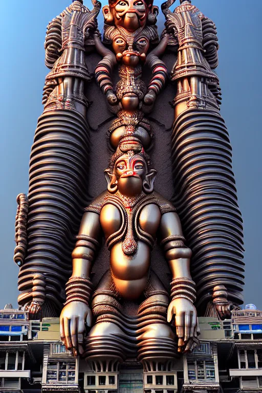 Image similar to high quality 3 d futuristic biomrphic hanuman! head building in mumbai!! centre, kalighat, highly detailed, cinematic smooth, berenice abbott & john j. park, dramatic morning light, long shot, low angle, uhd 8 k, sharp focus