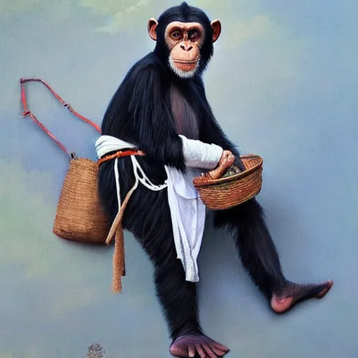 Image similar to beautiful painting by sophie anderson of a chimpanzee wearing traditional men kurdish clothes shalvar baggy pants and white shirt with a large sash tied around the waist in a kurdish village, award winning art, insanely detailed, bright colors, global illumination, cute, young, stunning