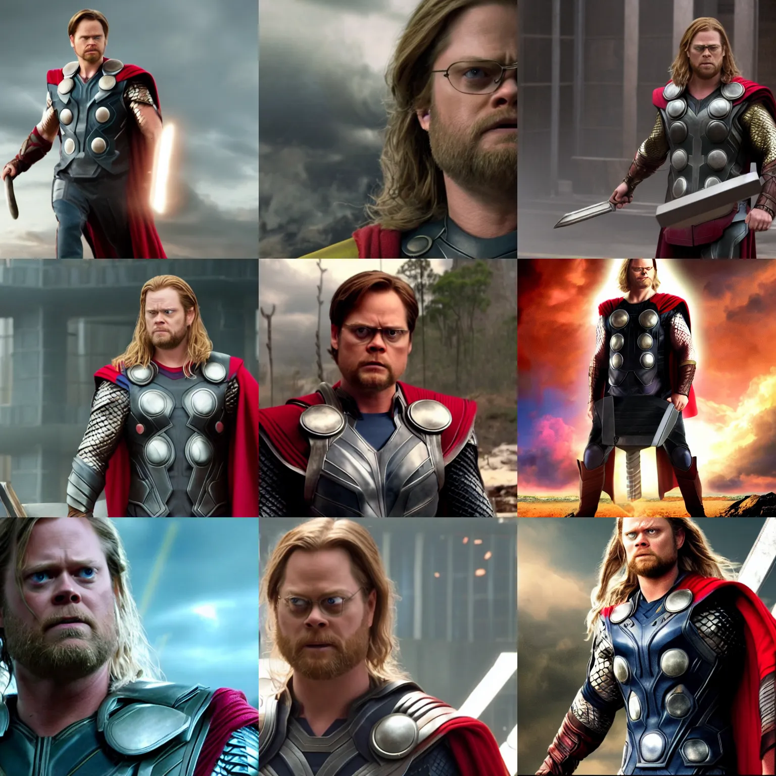 Prompt: screenshot of dwight schrute as thor in the avengers. 4 k