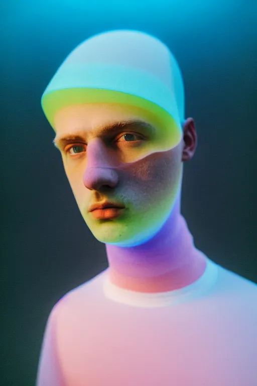 Image similar to high quality pastel coloured film mid angle portrait photograph of a beautiful young 2 0 year old male, soft features, short hair, perspex mask and oversized inflated clothing!!!! icelandic black! rock pool environment. atmospheric three point light. photographic. art directed. ( pastel colours ). volumetric. clearcoat. waves. 8 k. filmic.