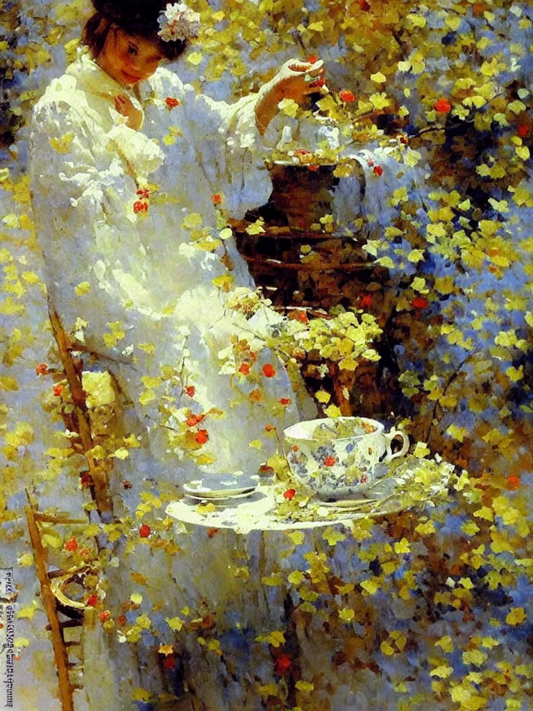 Prompt: tea cup, friends, amazing impressionistic oil painting by alexi zaitsev, melinda matyas, denis sarazhin, karl spitzweg, intricate details, fractal leaves, high quality, brush strokes, award winning, sharp focus, cool white