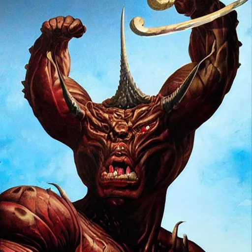 Image similar to horned humanoid with huge veined muscular arms wearing coloured medieval costume, fluid, smooth, organic, crazy, high contrast, sharpness, dramatic, by greg rutkowski and siudmak and richard corben and moebius