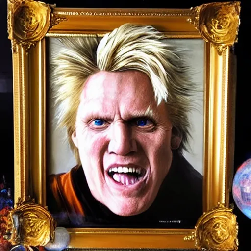 Image similar to hyperrealistic mixed media high resolution painting of Gary Busey as the Emperor from Star Wars, stunning 3d render inspired art by Jamie Salmon and WForrest and Greg Rutkowski, perfect facial symmetry, dim volumetric lighting, 8k octane beautifully detailed render, full body shot, post-processing, extremely hyper-detailed, intricate, epic composition, highly detailed attributes, highly detailed atmosphere, cinematic lighting, masterpiece, trending on artstation, very very detailed, masterpiece, stunning, flawless completion, lifelike texture, perfection,
