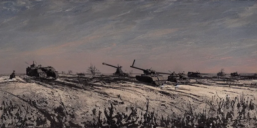 Prompt: a calm WW2 battlefield at night, Eastern Front, stars, wintertime, trenches, a single lone wrecked tank, painting by Isaac Levitan