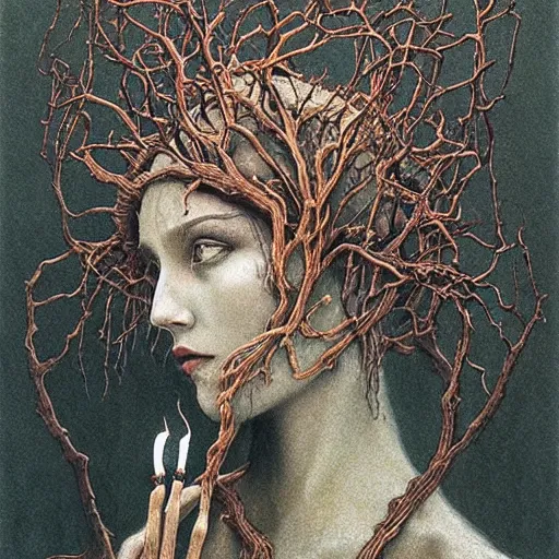 Prompt: a woman with a crown of twisted branches, wearing a candle on her head, by Beksinski