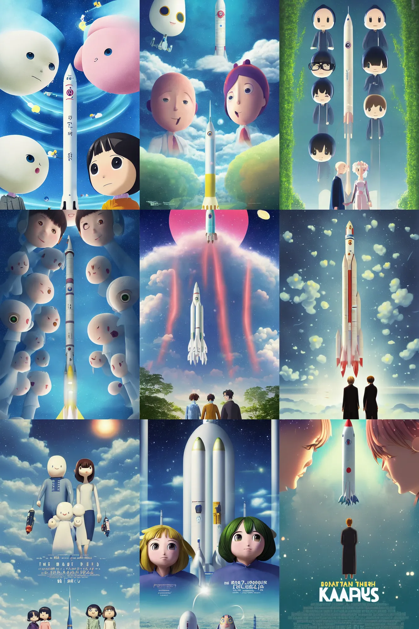 Prompt: beneath a huge rocket launch solving epic mysteries, Klaus Movie Twins poster, artwork by Chiho Aoshima, a Rendering illustration of a cinematic beautiful closeup moment of three friends standing facing toward their love, full of details, full view, Matte painting, trending on artstation, Mamoru hosoda