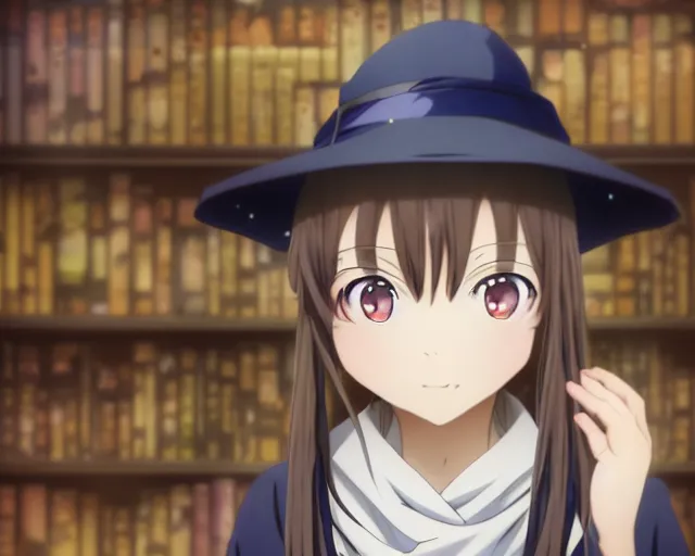 Image similar to anime visual, portrait of a young female wearing a wizard hat in a alchemist's shop interior, cute face by katsura masakazu and yoh yoshinari,, cinematic luts, genshin impact, dynamic pose, dynamic perspective, strong silhouette, anime cels, ilya kuvshinov, cel shaded, crisp and sharp, rounded eyes, moody