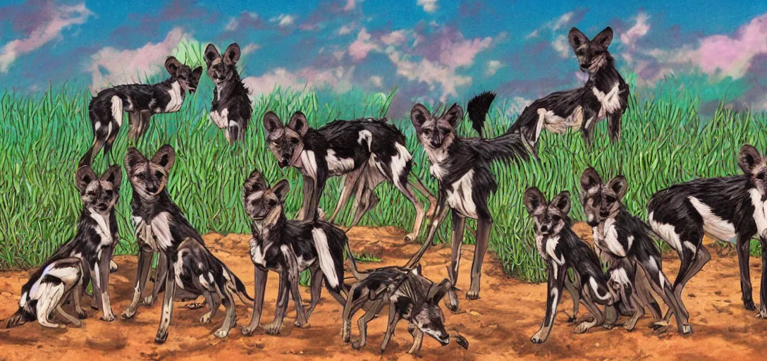 Image similar to pack of african wild dogs near a watering hole, painted by studio ghibli with psychedelic colors