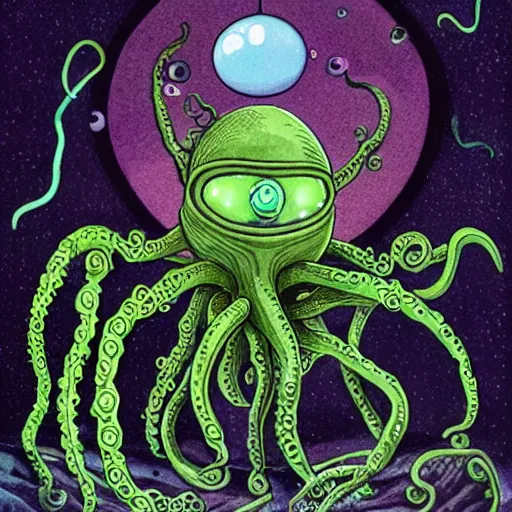 Prompt: cute portrait of alien full body with tentacles on his feet many eyes on his face with his ship destroyed