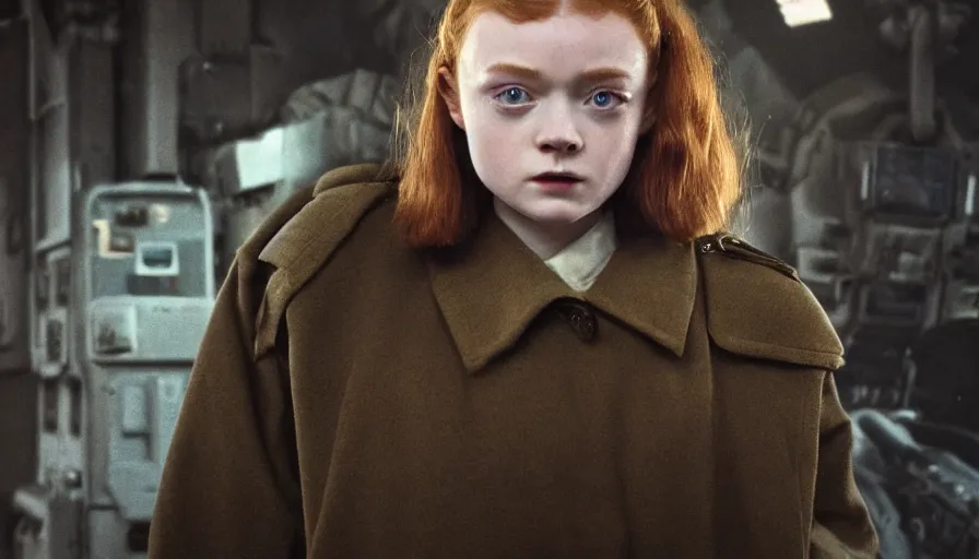 Image similar to sadie sink with military cut hair in oversized man's coat : a still from a scifi soviet cyberpunk film from 1 9 8 0 s. by steven spielberg and james cameron. 6 5 mm low grain film stock. sharp focus, realistic facial expression, perfect anatomy, global illumination, radiant light, detailed and intricate environment, trending on artstation