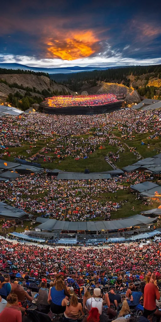 Prompt: dave matthews band performing at dusk at the gorge amphitheatre in washington state