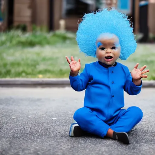 Prompt: photo of a toddler sitting forward wearing a blue suit with an exploding top of the head and a cloud coming out