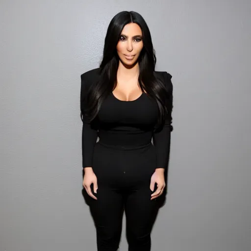 Prompt: kim kardashian full body mugshot, standing in front of a wall