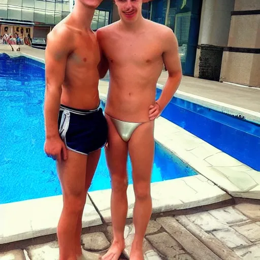 Image similar to “a realistic detailed photo of a guy who is an attractive humanoid who is half robot and half humanoid, who is a male android, British diver Jack Laugher & Chris Mears, shiny skin, posing like a statue, blank stare, by a diving pool, on display”