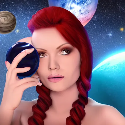 Prompt: space redhead in a tight blue dress with a planet in the background holding a laser gun up, realistic mouth, realistic, high definition, detailed and symetric face, detailed and realistic hands, expressive eyes, 4 k, shimmering color, epic digital art