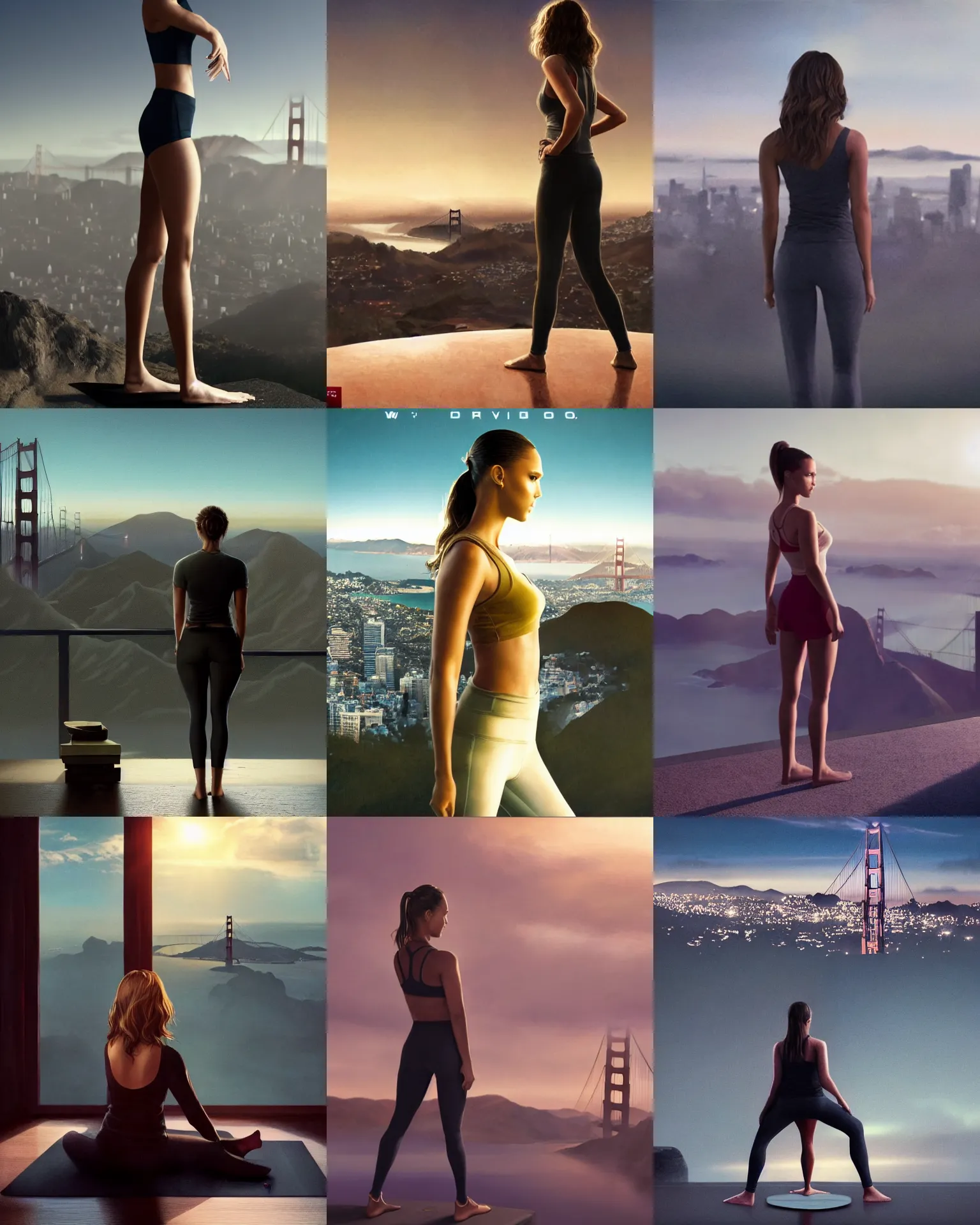 Prompt: jj abrams movie still body portrait of jessica alba in a peaceful standing yoga pose overlooking SF from twin peaks, facing away from the camera :: trending on artstation, morning, ue5, sci-fi, epic digital concept art, smooth, :: nixri, Greg rutkowski, wlop, ::