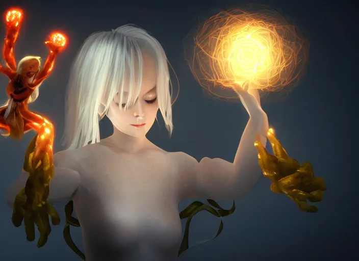 Image similar to girl with silk glowing white hair showing her hands with glowing puppeteer stings coming out of it, concept digital art trending on artstation oilpaint