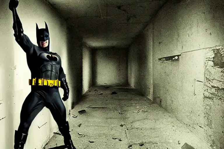 Image similar to batman wielding axe, chasing through old decrepit hallway, creepy smile, atmospheric eerie lighting, dim lighting, bodycam footage, photograph