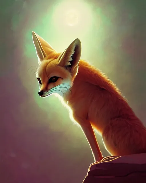 Image similar to highly detailed surreal vfx portrait of a sacred fennec fox, stephen bliss, unreal engine, greg rutkowski, loish, rhads, beeple, makoto shinkai and lois van baarle, ilya kuvshinov, rossdraws, tom bagshaw, alphonse mucha, global illumination, detailed and intricate environment