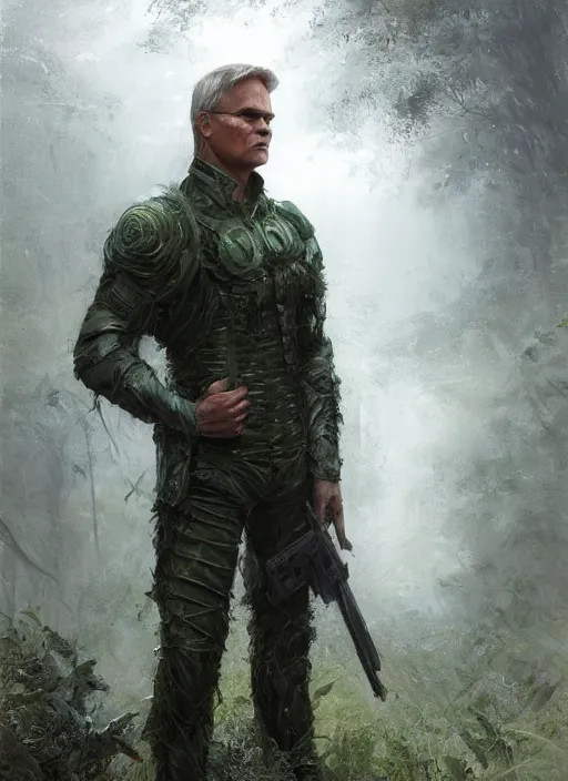 Image similar to portrait of a young richard dean anderson wearing a green combat uniform, in a post appocalyptic city overgrown by plants, by wlop, by luis royo, by greg rutkowski, cover illustration, concept art, volumetric lighting, volumetric atmosphere, sharp focus, octane render, trending on artstation, 8 k