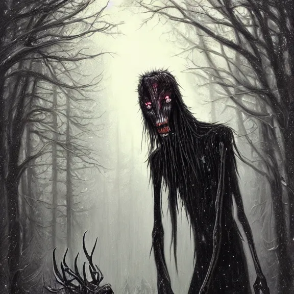 Prompt: cloaked humanoid wendigo feasting on a dear, nighttime located in a snowy dark forest, lurking horror, distant shot, dungeons and dragons, magic the gathering, forboding, high detail, oil painting, style of seb mckinnon