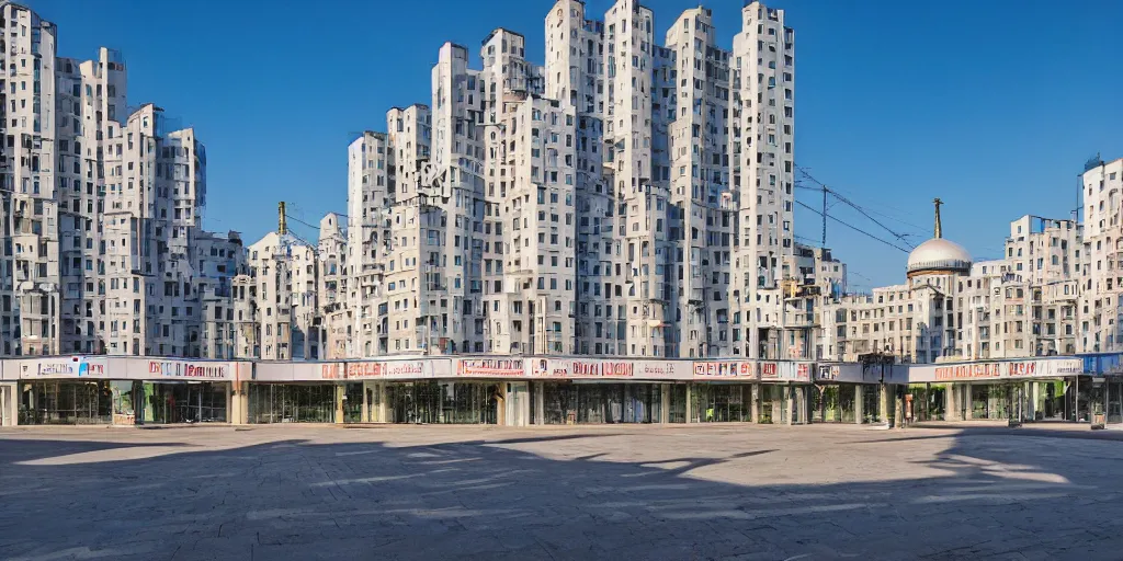 Image similar to photo of a low income highrise geometric Russian city, apartments, train station, avenues. Square with a statue of leader