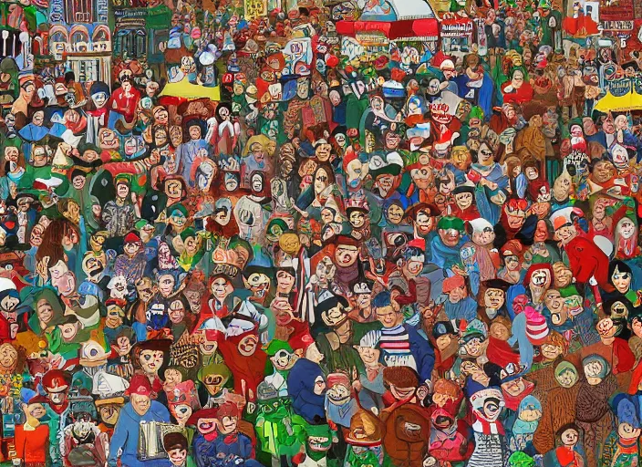 Image similar to where's waldo, folk art, lowbrow, matte painting, 3 - d highly detailed, in the style of camille rose garcia