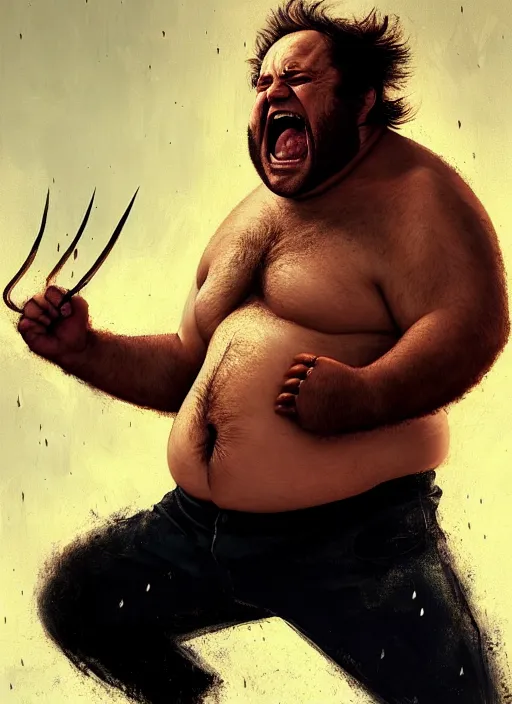 Prompt: Portrait of Fat Danny Devito with his belly sticking out as The Wolverine (2013), Hes screaming at the rain in the middle of the night road on his knees, He has Wolverine Claws, realistic, detailed, 4k by Greg Rutkowski Mark Arian trending on artstation