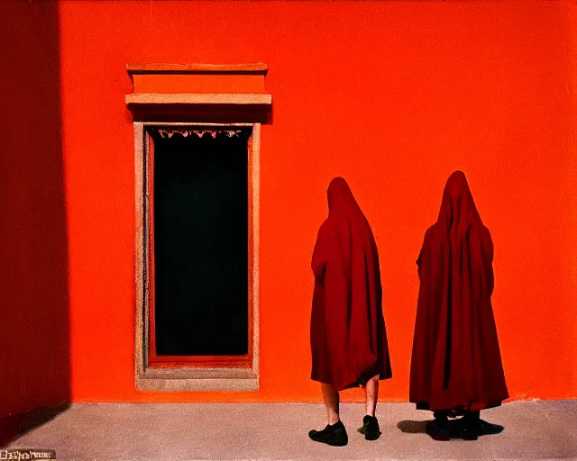 Prompt: by francis bacon, vivian maier, mystical redscale photography evocative. religious relics, priestess in red capirote