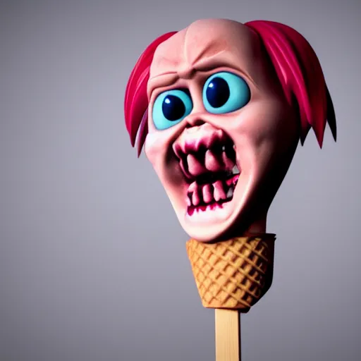 Prompt: ice cream popsicle shaped like screaming chucky doll, octane render, centered, highly detailed
