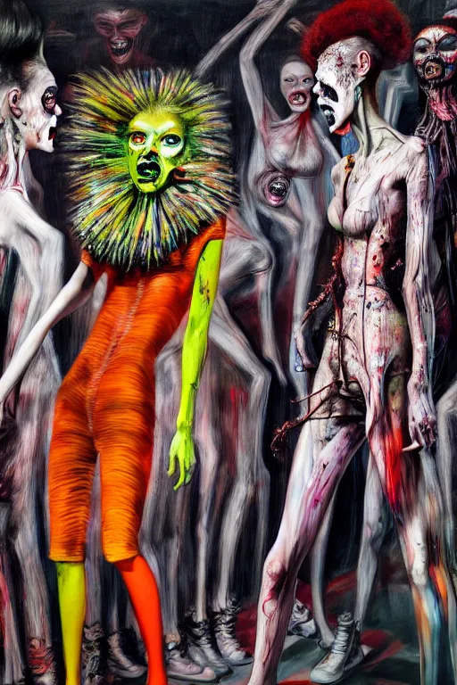 Image similar to crazy fashion catwalk, freak show, one model, crazy clothes, biopunk style, horror, hauntingly surreal, highly detailed painting by francis bacon, edward hopper, adrian ghenie, gerhard richter, and james jean soft light 4 k