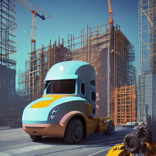 Image similar to friendly looking construction robot truck waiting at a construction site : : by beeple and james gilleard and justin gerard : :, centered, artstation, smooth, sharp focus, photoreal octane render, 3 d, by jean - baptiste monge!!!!!!!