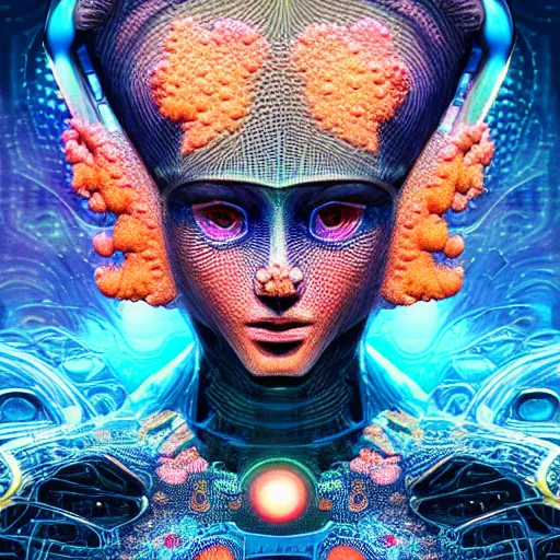 Image similar to Face of a Alien Deity, centered, corals, plume made of geometry, extremly detailed digital painting, sharp focus in the style of android jones, artwork of a futuristic artificial intelligence superstar with frames made of detailed circuits, mystical colors, rim light, beautiful lighting, 8k, stunning scene, raytracing, octane, under water visual distortion, dark tones colors, trending on artstation