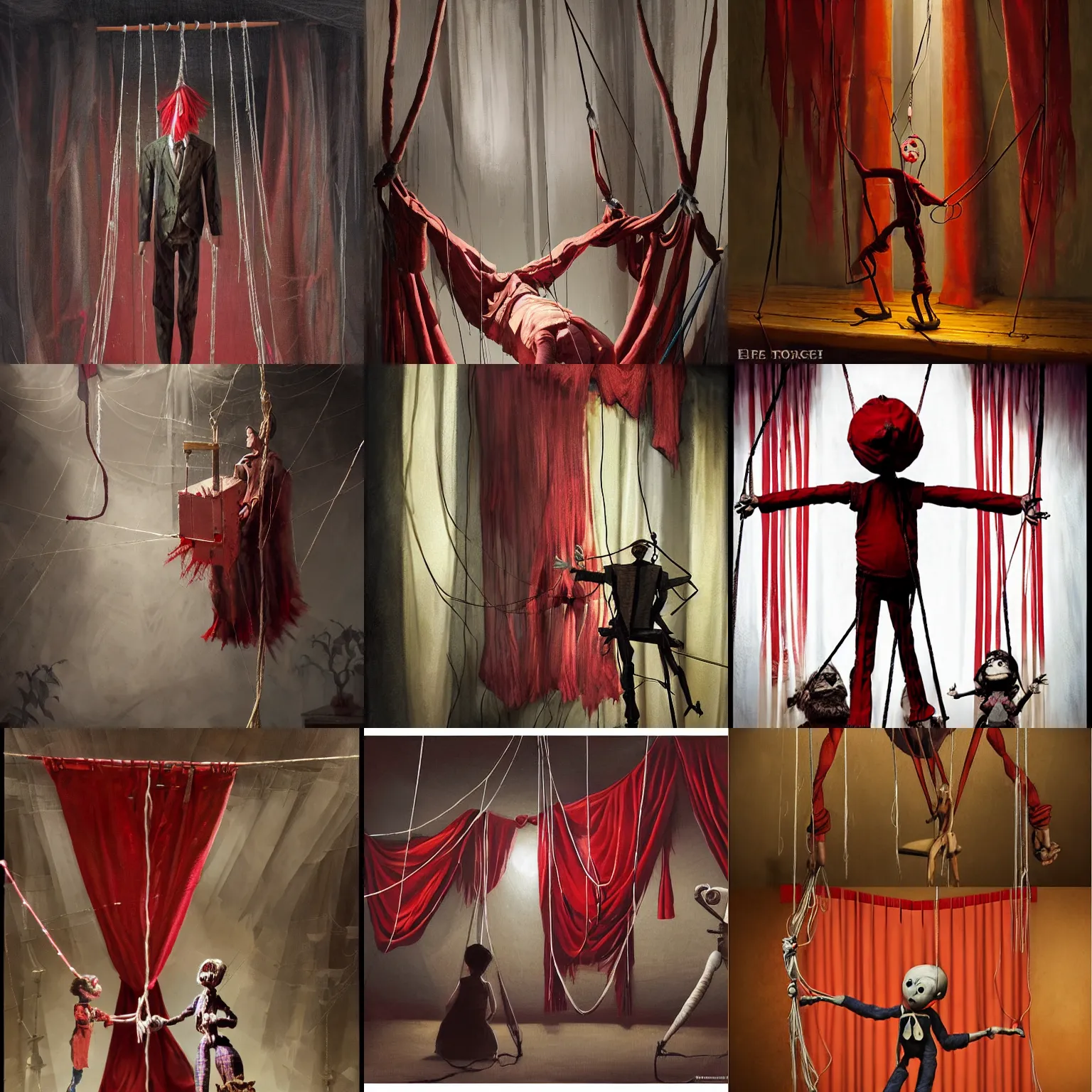 Prompt: epic scene of a marionette's clothes on strings behind red curtains, manipulation, string puppet, pulling strings, puppet on a string, hand controlling, control, puppet, concept art by Noah Bradley, Darek Zabrocki, Tyler edlin, Jordan Grimmer, Neil Blevins, James Paick, Natasha Tan, highly detailed, ultra detailed, ultra realistic, trending on artstation, masterpiece