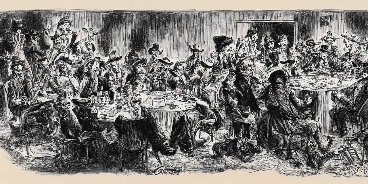 Prompt: caricature sketch by r. crumb, theme of insects dressed as cowboys playing cards while seated around a round table in front of a stage show 1 8 7 0